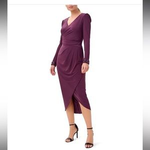 Adrianna Papell - V-Neck Long Sleeve Beaded Cuff Faux Wrap High-Low Midi